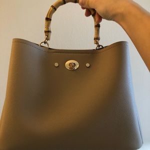 Cream beige purse bag with bamboo handle